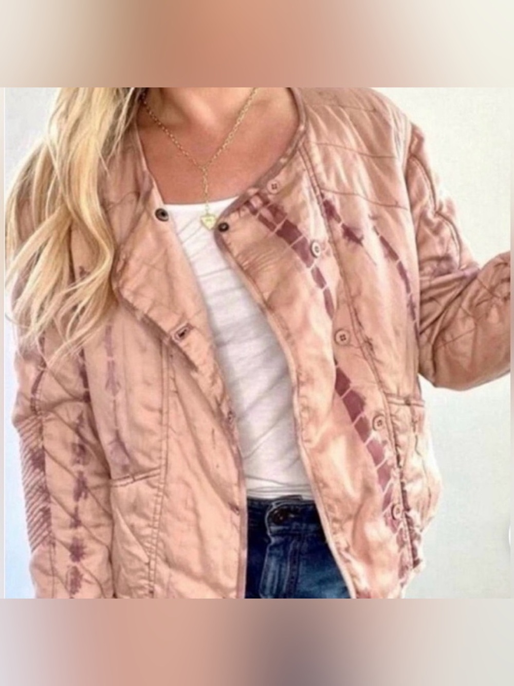 Anthropologie Marrakech Blush Pink Tie-Dye Cotton Bomber Jacket Size Large